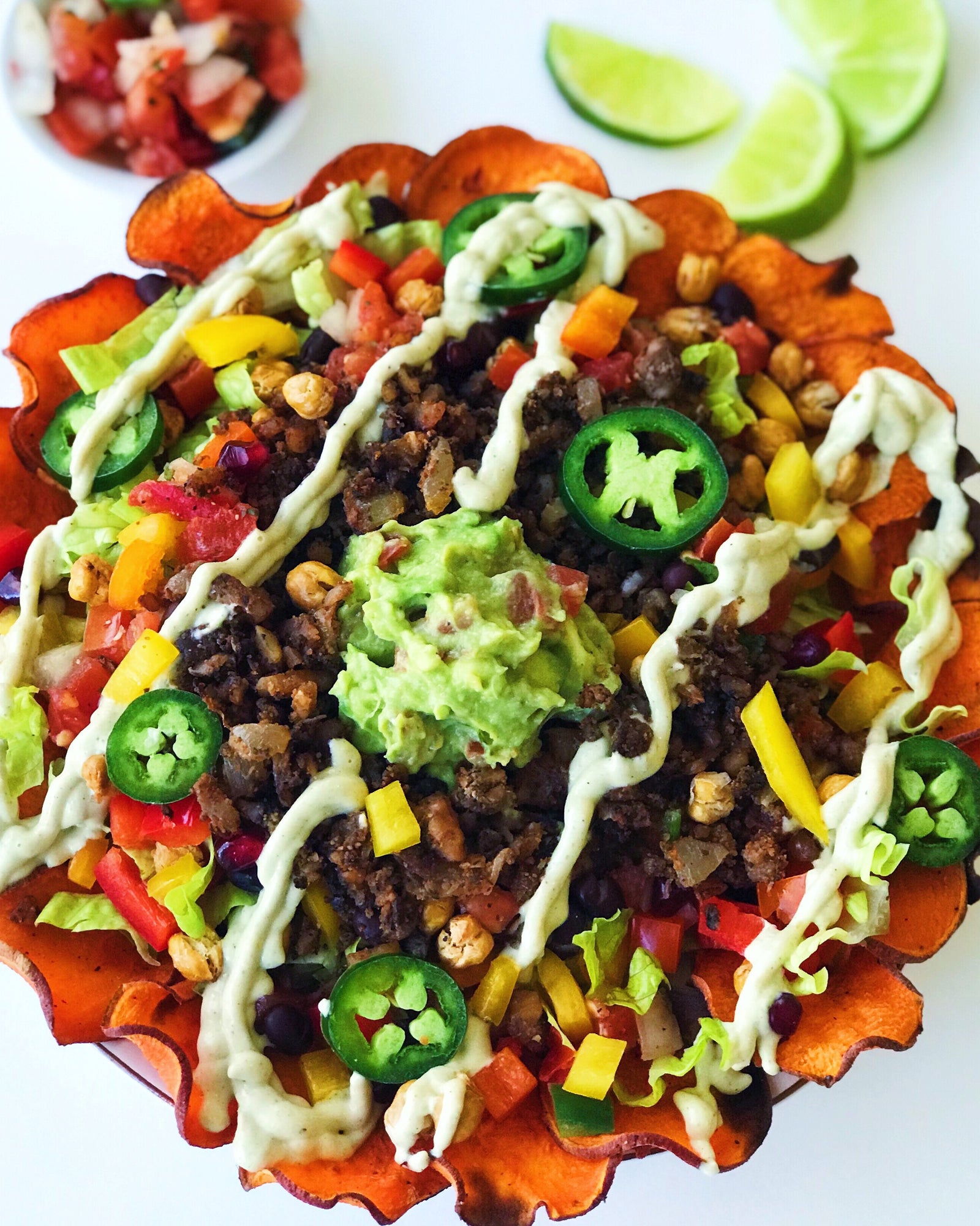 SWEET POTATO NACHOS w/ MUSHROOM WALNUT MEAT & CASHEW QUESO