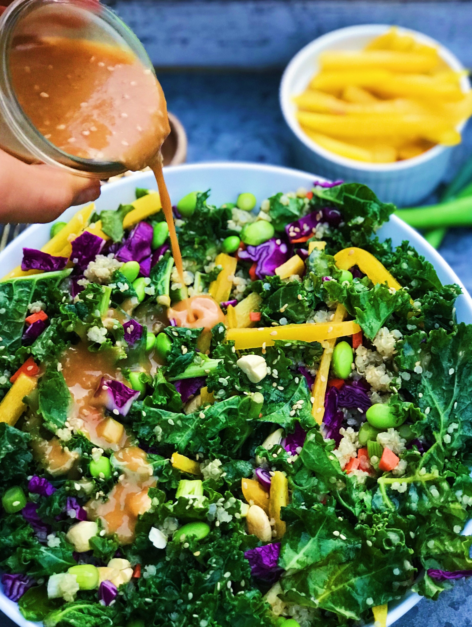 LOADED ASIAN KALE & QUINOA SALAD w/ GINGER MISO DRESSING