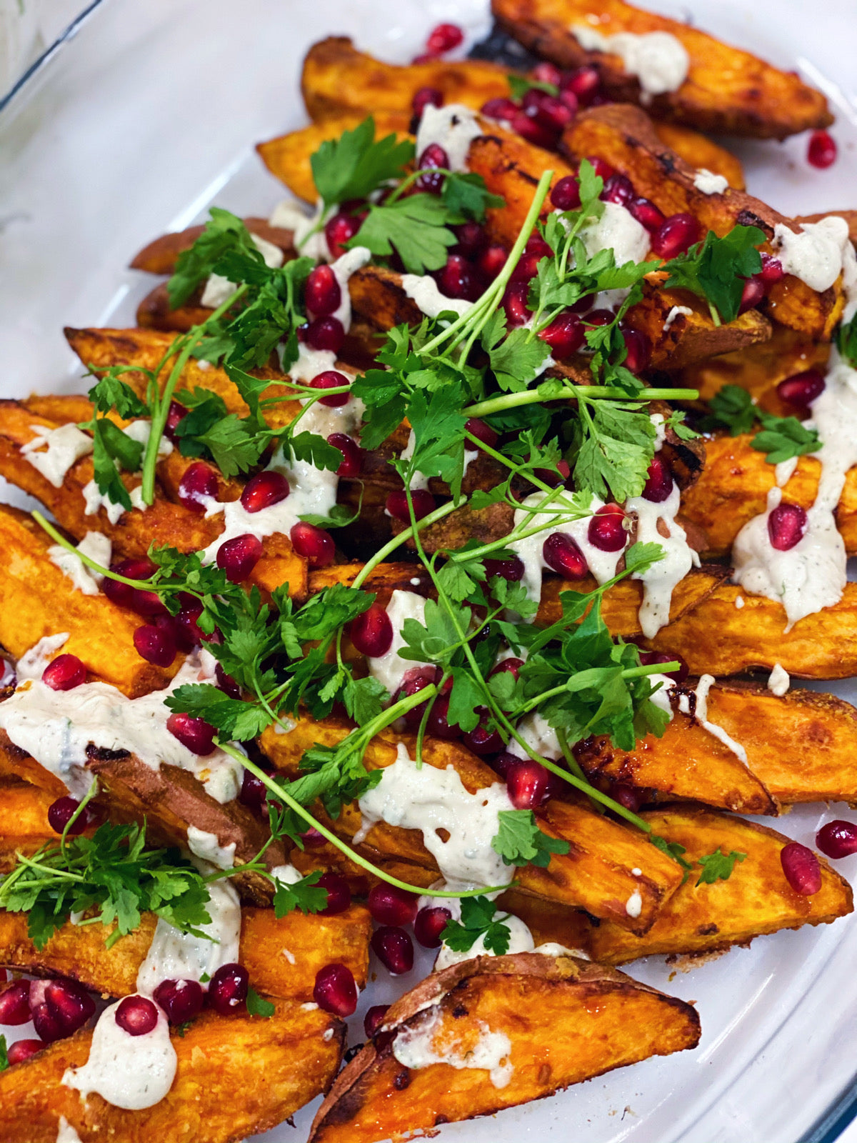 Crispy Sweet Potato Wedges with Chive Sour Cream Drizzle