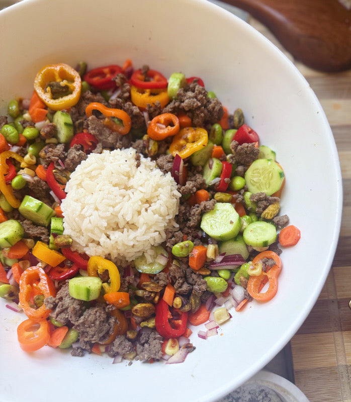 'Hold The Lettuce' Beef, Rice and Crunchy Veggie Salad (w/ Bone Broth Rice )