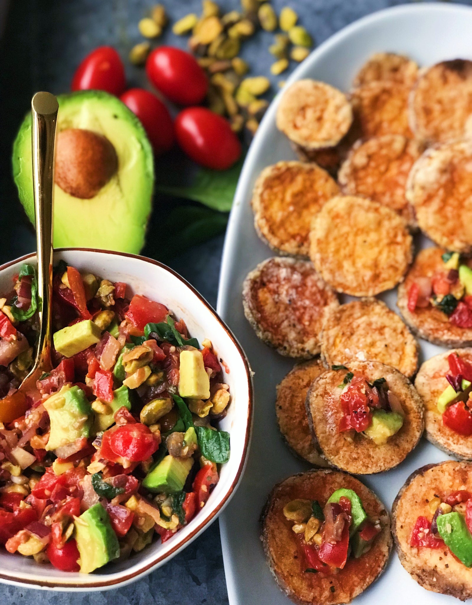 Avocado, Basil, and Pistachio Bruschetta with Crispy Sweet Potato Chips