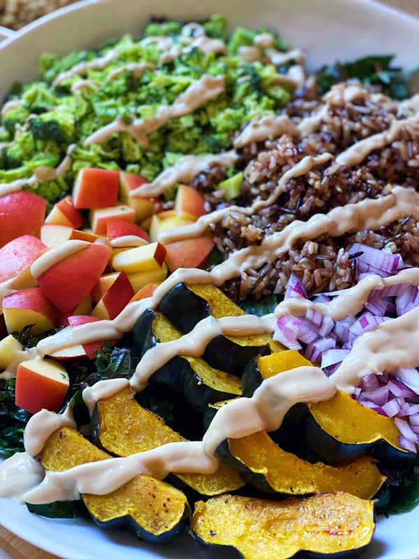 Autumn Kale Salad w/ Maple Tahini Dressing